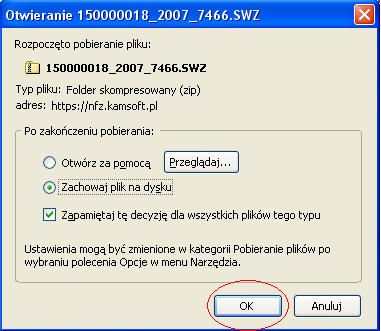 Opcja Pokaż pozwoli przejść do okna pobrania Komunikatu SWZ Wybór opcji Pobierz raport XML spowoduje możliwość pobrania