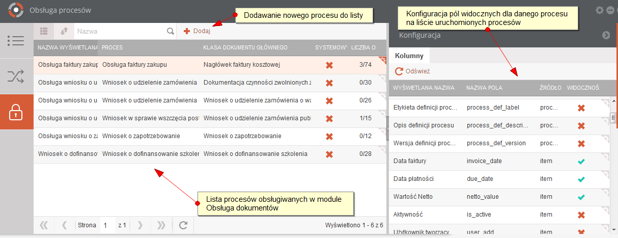 Rysunek 6 Formularz panelu konfiguracji listy procesów Formularz podzielony jest na dwie części: 4.3.