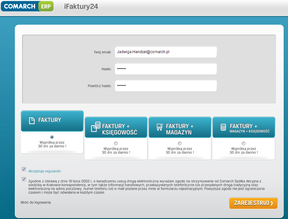 Założenie konta w Comarch ERP ifaktury24 Krok 1. Klient biura rachunkowe rejestruje się w usłudze Comarch ERP ifaktury24 na stronie http://www.ifaktury24.pl/rejestracja Uwaga: Pamiętaj o zaznaczeniu odpowiedniego modułu.