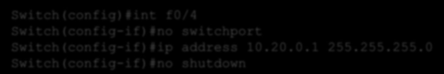 Przełącznik wielowarstwowy SVI Koniecznośd utworzenia sieci VLAN Switch(config)#interface vlan 5 Switch(config-if)#ip address 10.10.0.1 255.