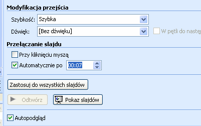 Przejścia między slajdami Animacja ta pozwala określić, w jaki sposób maja być wyświetlane poszczególne slajdy.