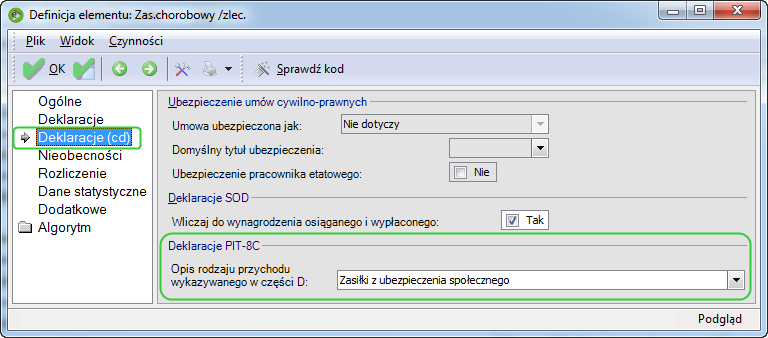 Rysunek 10 Definicja Zas. chorobowego zleceniobiorcy 1.2.