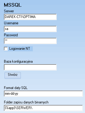 2. Pierwsze uruchomienie Podczas pierwszego uruchomienia programu należy nawiązać połączenie z serwerem, a także utworzyć bazę danych programu: Serwer nazwa serwera, na którym ma zostać utworzona