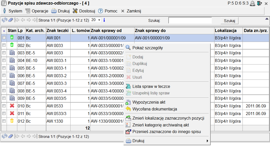 Pozycje spisu