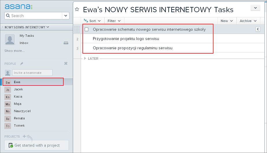 Nazwa projektu Zadania przydzielone