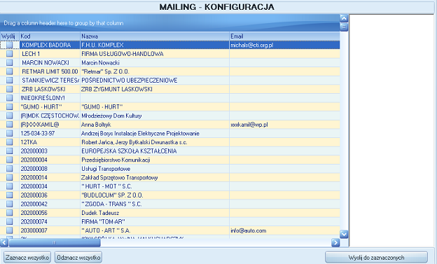 Program posiada także funkcję wysyłania e-maili i SMS o dowolnej treści. Mogą być to życzenia, promocje, wiadomości i inne rzeczy wykorzystywane do kontaktu z klientami.