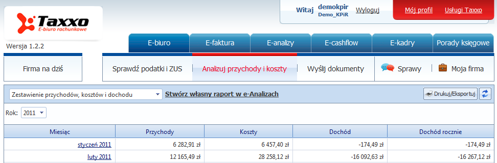 Krok 2. Wygodnie sprawdź swoje przychody, koszty i dochód Taxxo udostępnia podgląd książki przychodów i rozchodów lub księgi handlowej z bieżącymi danymi.