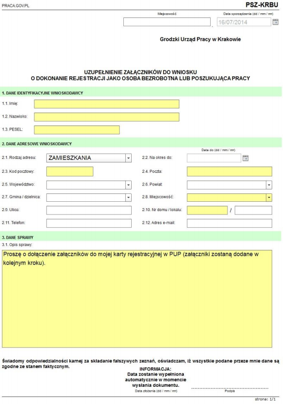 Formularz PSZ-KRBU - UZUPEŁNIENIE ZAŁĄCZNIKÓW DO WNIOSKU O DOKONANIE REJESTRACJI