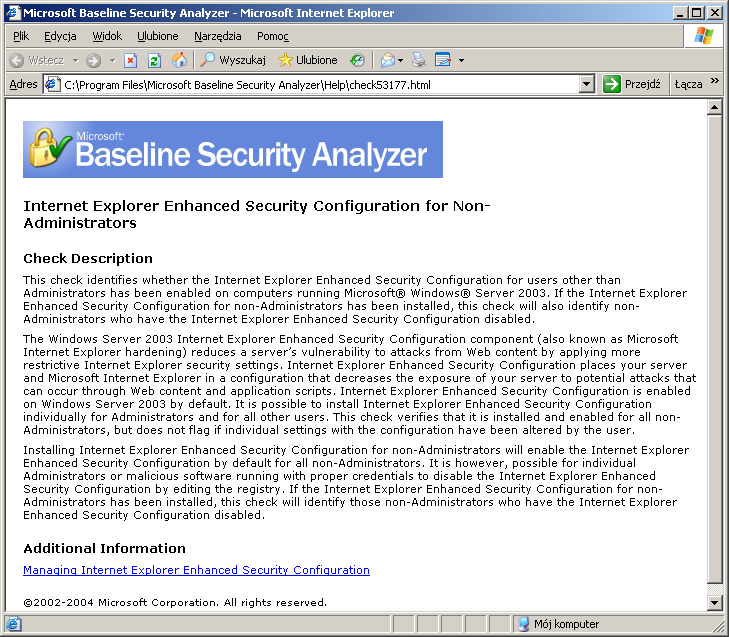 Łącznik What was scanned dla Internet Explorer Enhanced Security Configuration for Non