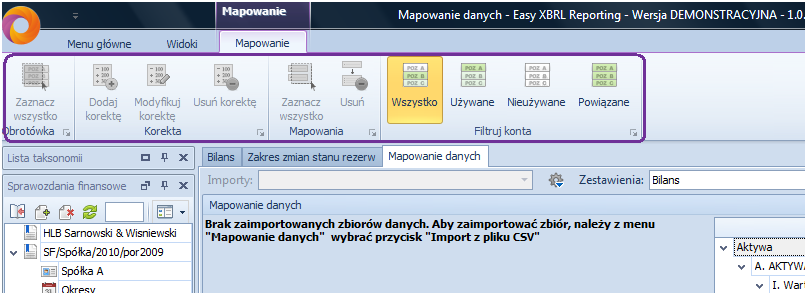 Funkcje grupy Zaawansowane Pokazuje wyłączone elementy sprawozdania. Wyłączone elementy są prezentowane przekreśloną czcionką. Opcja umożliwia ukrycie wyłączonych elementów.
