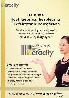 PAKIET MARKETINGOWY Fundacja Veracity zapewnia certyfikowanym firmom własną podstronę w domenie www.veracity.pl zawierającą logo, nazwę, odnośnik do witryny internetowej firmy, certyfikat w formie.