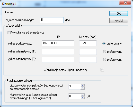 Rysunek 4.5 Parametry łącza UDP Parametr Numer portu lokalnego określa numer portu UDP (dziesiętnie), z którego pakiety danych są wysyłane i pod którym odbierane są odpowiedzi.