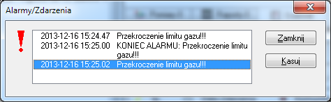 Rysunek 5.2 Monitorowanie stanów alarmowych (Widok: Pomiary) Każdy alarm sygnalizowany jest przy pomocy okna dialogowego Alarmy/Zdarzenia, dodatkowo o stanie alarmowym informuje pole Prognoza przekr.
