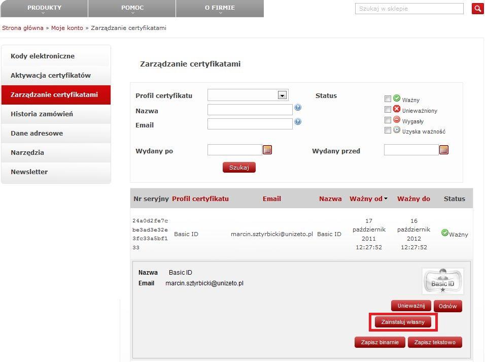 Rysunek 2 Instalacja certyfikatu Basic ID 3.