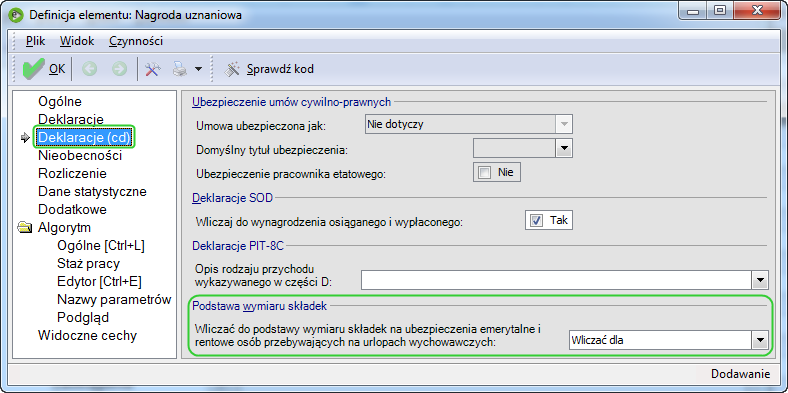 Rysunek 5 Deklaracje (cd) Ustawienie parametru decyduje, czy dany element wynagrodzenia ma być wliczany i w jaki sposób do wyliczenia podstawy wymiaru składek dla osób przebywających na urlopach