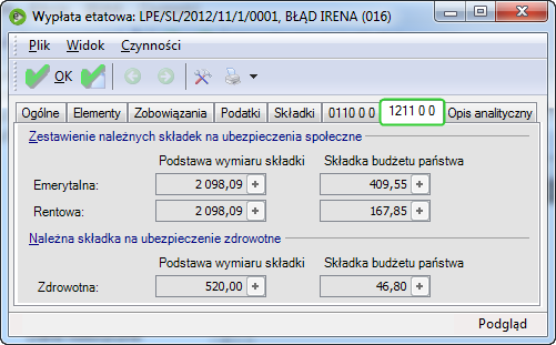 Rysunek 8 Składki (budżet) na elemencie wypłaty Na wypłacie przy rozliczaniu nieobecności urlop wychowawczy pojawia się również zakładka z tytułem ubezpieczenia 1211xx i naliczonymi składkami.