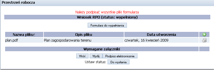 Użytkownik może wygenerować formularz w formacie PDF będąc dowolnym arkuszu formularza, w tym celu musi kliknąć ikonę: 9.