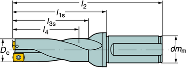 CoroDrill 881 2 5 x Dc Średnice wierteł 0.562-0.937 cala Chwyt cylindryczny CoroDrill 881 WIRCNI ze ścięciem zgodnym z ISO 9766 l1s = długość programowa Wersja calowa Tolerancja otworu -0.004/+0.