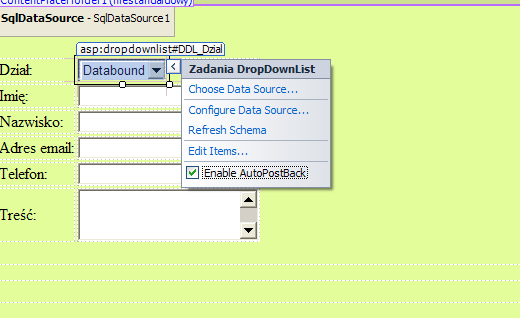 zaznaczamy jeszcze opcję EnableAutoPostBack opcja to powoduje że przy zmianie wybranej pozycji