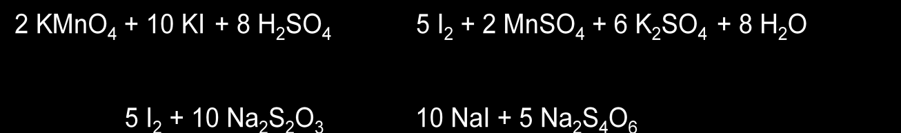 Do 25 cm 3 0,01975 mol/dm 3 roztworu KMnO 4 dodano jodku potasu KI. Na zmiareczkowanie wydzielonego jodu zużyto 24,48 cm 3 roztworu tiosiarczanu sodu. Wyznacz miano roztworu Na 2 S 2 O 3.