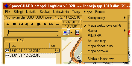 Menu Mapa: - Kolory mapy Definiuje styl kolorystyczny mapy wektorowej. - Mapa wektorowa cmf6 Włącza wyłącza wyświetlanie głównej mapy wektorowej.