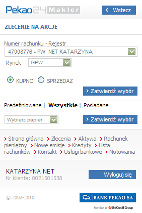 Predefiniowane, Wszystkie, Posiadane wybierając jedną z tych opcji moŝna zawęzić listę instrumentów finansowych wyświetlanych w polu Wybierz papier, Predefiniowane to lista do 20 instrumentów