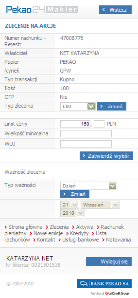 1.1.1. Definiowanie warunków dodatkowych Typ zlecenia określa zasady, przy jakich ma być zrealizowane zlecenie; moŝliwe wartości: LIM - zlecenie z limitem ceny, PCR zlecenie po cenie rynkowej, PCRO -