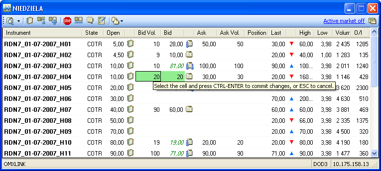 Ekran rynku składanie zleceń(2) Składanie zlecenia poprzez wpisanie danych w pola na ekranie rynku: - Wprowadź zlecenie (wolumen i cenę) w pola w wierszu danego instrumentu - Komórki zmienią kolor na