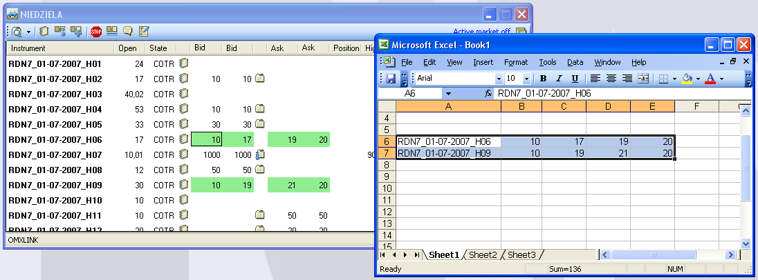 Ekran rynku kopiowanie zleceń z programu Excel (3) Używanie kopiuj-wklej - Zaznacz nazwy instrumentów, wolumeny i ceny w programie Excel i naciśnij Ctrl-C aby je skopiować - Kliknij w