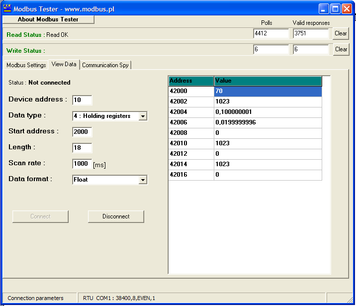 Aby odczytać wybrany rejestr lub grupę rejestrów należy ustawić odpowiednie parametry w zakładce View Data programu Modbus Tester. Widok działającego programu przedstawia rysunek 3. Rys 3.