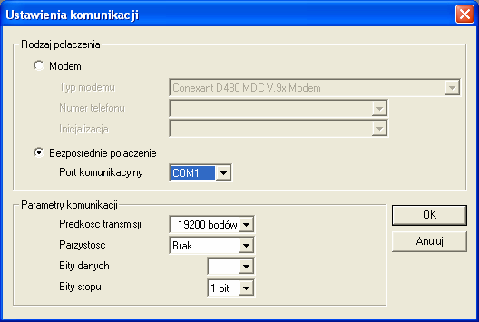 4 PARAMETRY KOMUNIKACJI Przed przystąpieniem do nawiązania połączenia z urządzeniem naleŝy sprawdzić i ustawić parametry komunikacyjne programu. W menu Urządzenie wybrać opcję Parametry komunikacji.