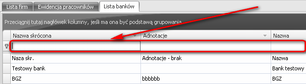 Po uruchomieniu opcji szukaj pojawia się okienko budowania filtrów. Kolejny sposób wyszukiwania banków działa na zasadzie autouzupełniania,np.