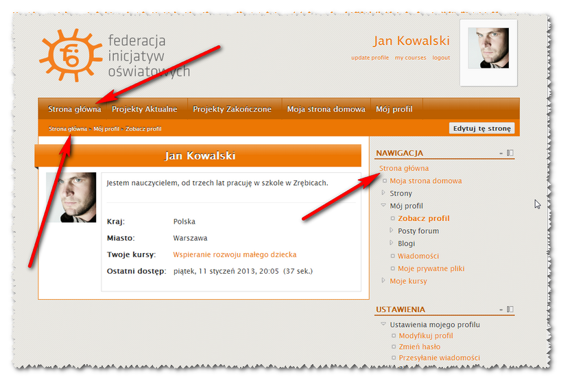 Każda osoba korzystająca z witryny edukacyjnej posiada swój własny profil z podstawowymi informacjami o sobie, które widoczne są dla innych osób korzystających z tych samych kursów.