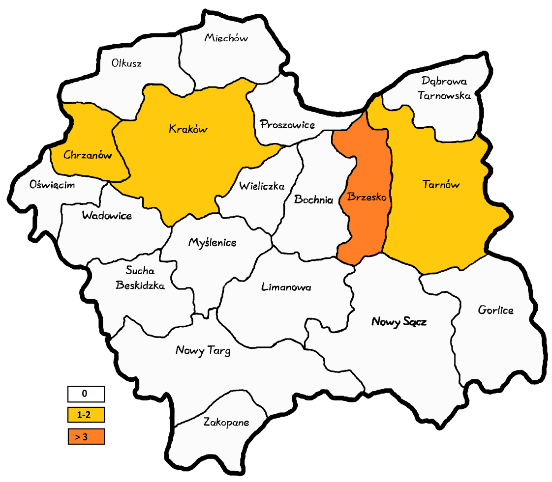 Epidemiologia chorób zakaźnych Odlkleszczowe zapalenia mózgu zgłoszono jedynie się z terenu kilku powiatów: brzeskiego (3), chrzanowskiego (1), krakowskiego (1) i tarnowskiego (1). Rysunek 5.
