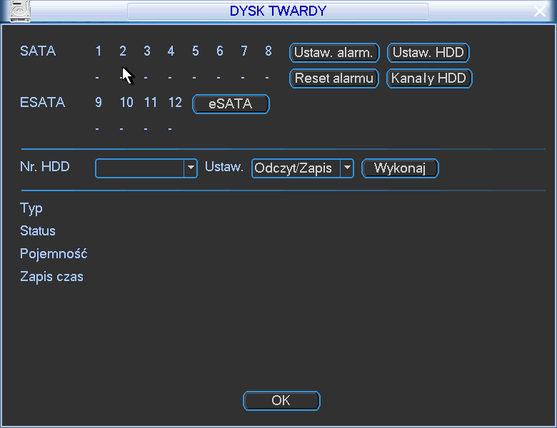 Rys. 3-23. Menu ustawień dysku twardego. W lewym górnym polu okna system pokazuje obecność dysku pod numerem portu SATA pojawia się białe kółeczko, gdy dysk jest widziany przez rejestrator.