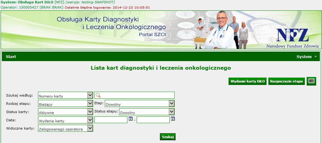 Rejestracja wydania Karty DiLO W celu zarejestrowania wydania karty należy na Liście kart diagnostyki i leczenia onkologicznego wybrać opcję Wydanie karty DiLO.