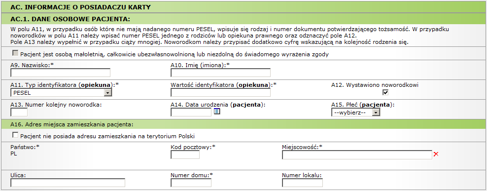 W przypadku osób małoletnich uzupełnienie formularza danych osobowych wymaga zaznaczenia opcji Pacjent jest osobą małoletnią, całkowicie ubezwłasnowolnioną lub niezdolną do świadomego wyrażenia zgody.