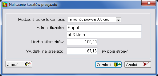 Przykład Rysunek 12. Okno naliczania kosztu przejazdu Dla powyższego rysunku odległość wynosi 100 kilometrów, a dla samochodu powyżej 900 cm 3 przejazd wynosi 0,8358 zł.