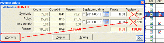 5.6. Wycofaj wpłatę. Jak zwykle, próby zabezpieczenia programu, przed wprowadzeniem niezgodnych danych nie powiodły się. Jednym z kluczowych elementów rozliczania odpłatności jest ich przyjęcie.
