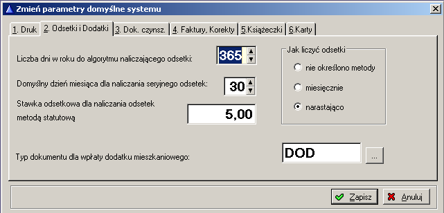 podać kody sterujące, które będą wysyłane do drukarki przed kaŝdym wydrukiem. Zakładka 2 - Odsetki i dodatki Liczba dni w roku do algorytmu naliczającego odsetki.