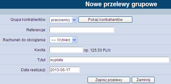 Tytułem tytuł przelewu wypełniany jest automatycznie po wybraniu szablonu. Zawartość pola może zostać zmieniona na dowolną, nieprzekraczającą 140 znaków.