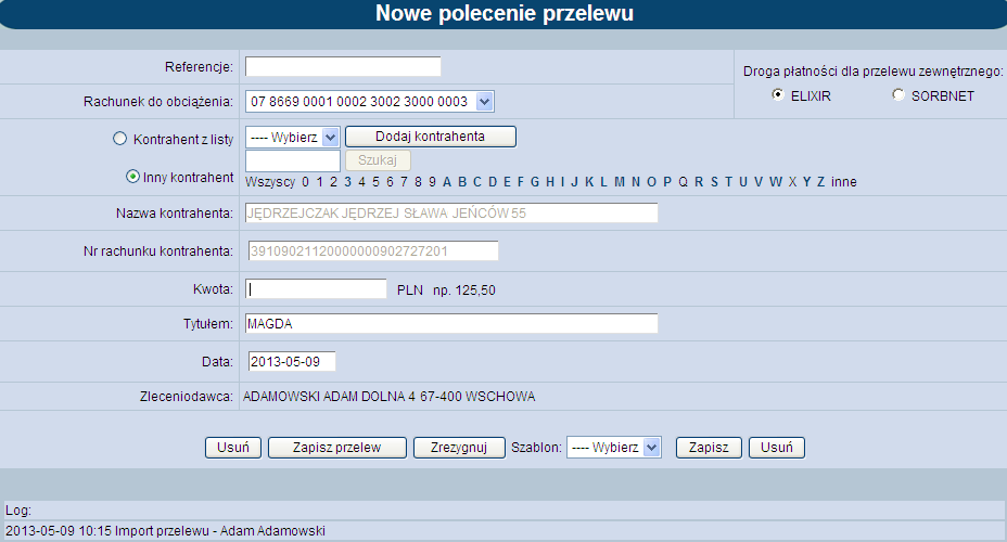 5.13.3. Edycja przelewu Po wybraniu przelewu o statusie Do edycji zostanie wyświetlone okno opisane w pkt 5.12.