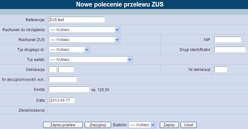 Należy wprowadzić następujące dane: Referencje w polu tym można wpisać dowolne literowe i/lub cyfrowe oznaczenie przelewu np. Przelew_ZUS_51.