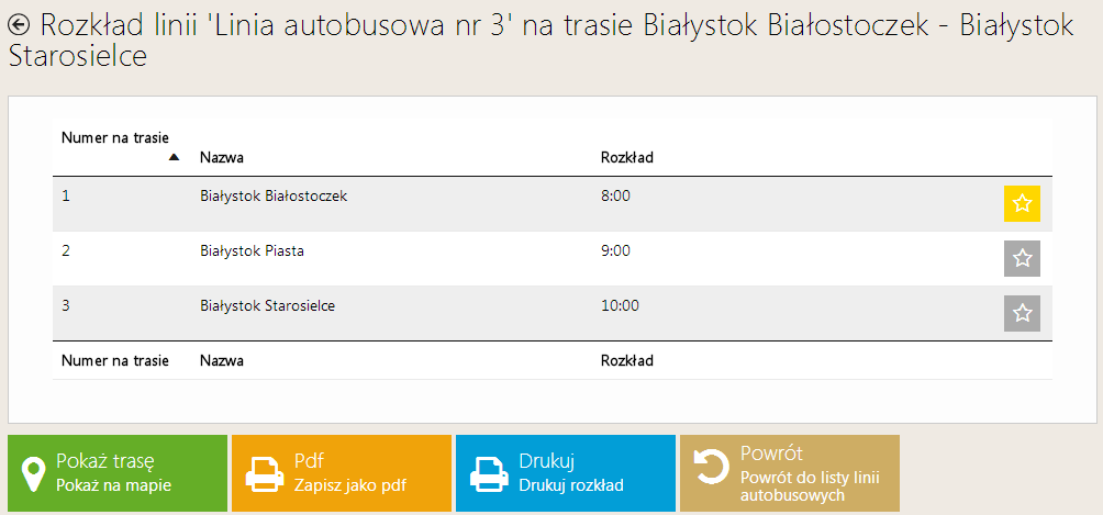 Podręcznik użytkownika PPE Strona 56 z 110 W celu usunięcia przystanku z listy ulubionych przystanków należy ponownie wskazać go w rozkładzie danej linii autobusowej korzystając z przycisku.