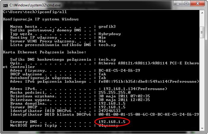 tech 5. W większości przypadków Adres DNS jets taki sam jak Adres Bramy. Dla pewności możemy sprawdzić poprzez wpisanie komendy ipconfig/all VII.2.