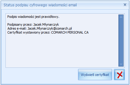 Rys. Właściwości konta e-mail Certyfikaty podpisów 3. Wysyłanie wiadomości e-mail z podpisem elektronicznym. Na wstążce okna wiadomości e-mail dodany został przycisk do podpisu cyfrowego.
