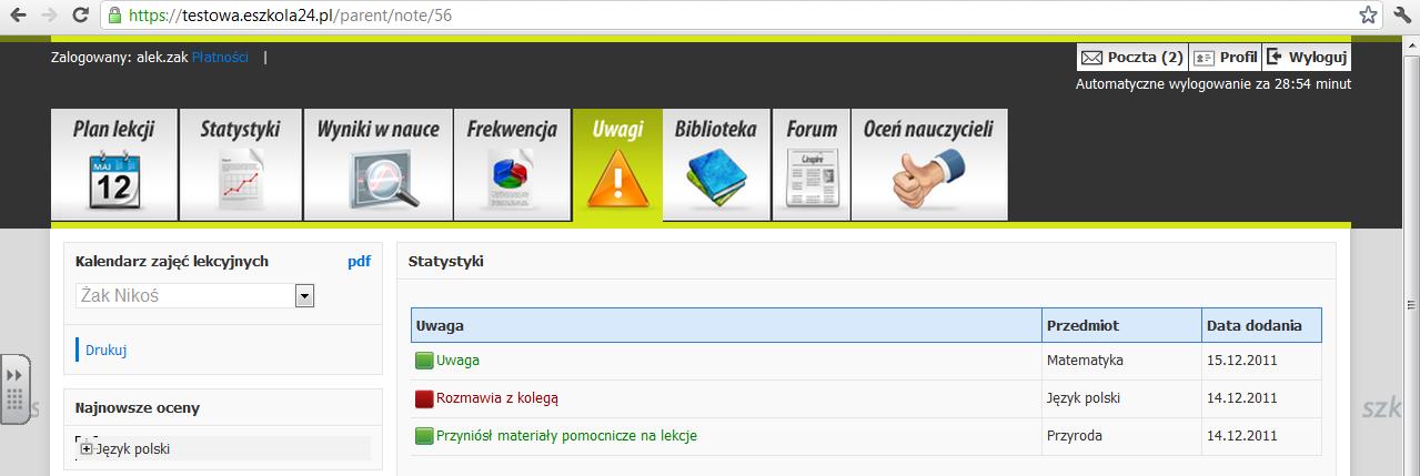 nieusprawiedliwionego przedmiotu oraz daty wstawienia nieobecności (niebieska strzałka). Rys. 15. Uwagi rys. 16 (czerwona strzałka).