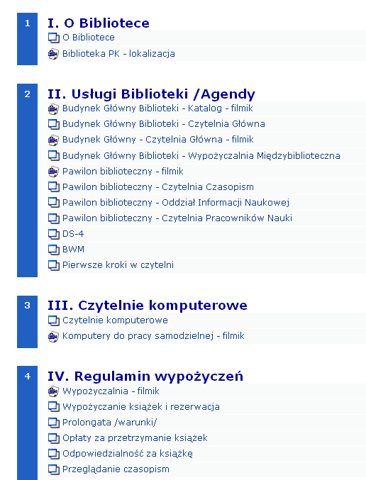 Szkolenie biblioteczne studentów I roku (wersja on-line) Kurs 1. Przewodnik po BPK I. O Bibliotece II. Usługi Biblioteki/Agendy III. Czytelnie komputerowe IV. Regulamin wypożyczeo V.