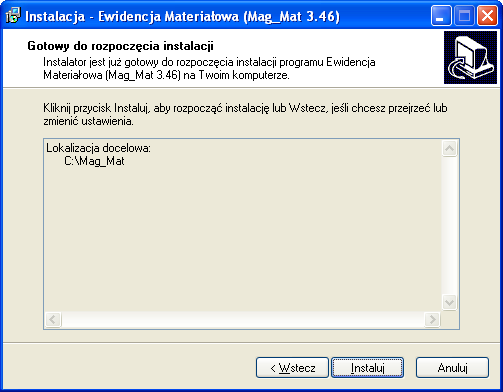 c) w dalszej części instalacji program instalacyjny umożliwia podanie lokalizacji wcześniej zainstalowanej wersji aplikacji MAG_MAT.