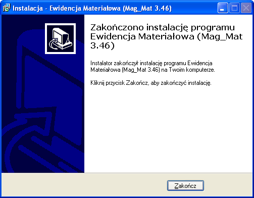 5. Po zakończeniu instalacji wersji 3.46 należy uruchomić aplikację MAG_MAT. Po uruchomieniu aplikacji nastąpi automatyczne tworzenie plików indeksowych spowodowane zmianą wersji. Instalacja wersji 3.